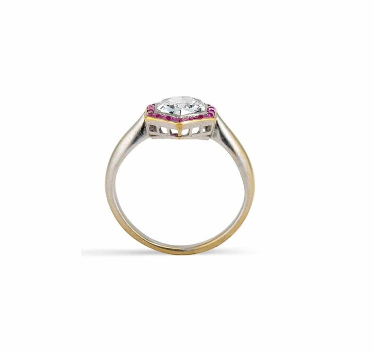 Art Deco Hexagonal-cut Diamond and Ruby Engagement Ring