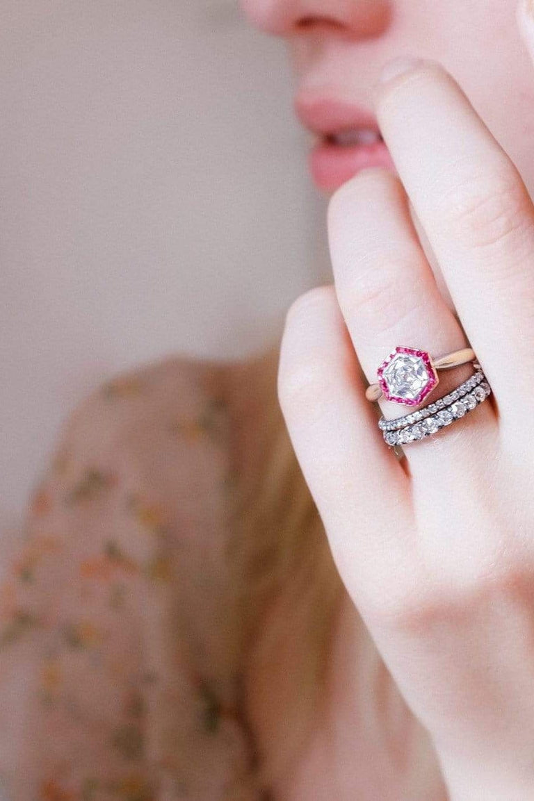 Art Deco Hexagonal-cut Diamond and Ruby Engagement Ring