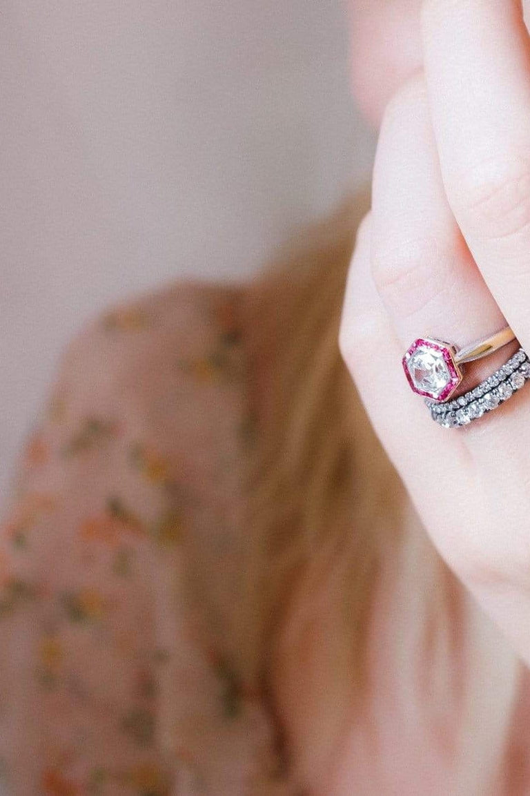 Art Deco Hexagonal-cut Diamond and Ruby Engagement Ring