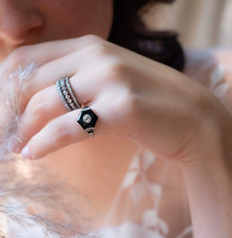 Art Deco Hexagonal Onyx and Diamond Ring