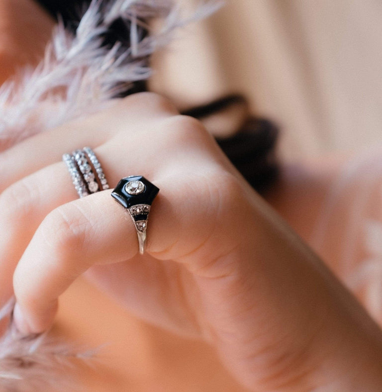 Art Deco Hexagonal Onyx and Diamond Ring