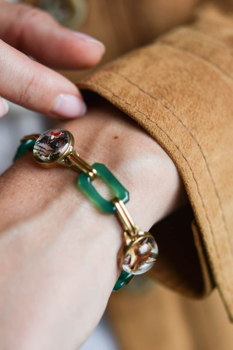 Art Deco Hunting Unisex Bracelet | Reverse Crystal Intaglios with Green Enamel Links c.1920s–1930s
