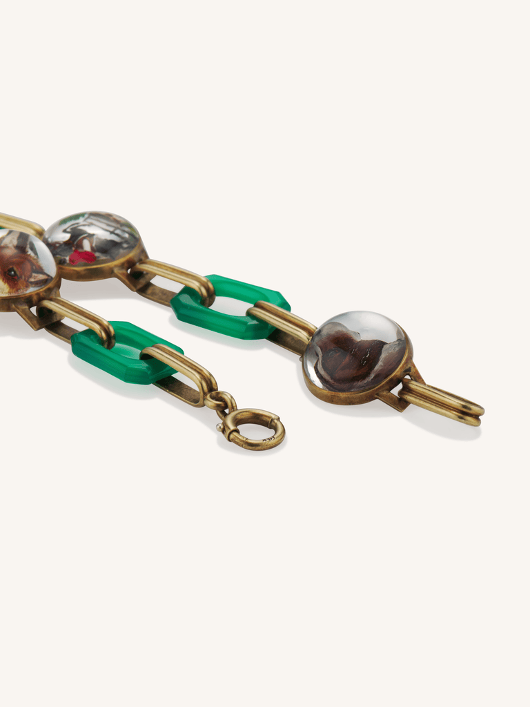 Art Deco Hunting Unisex Bracelet | Reverse Crystal Intaglios with Green Enamel Links c.1920s–1930s