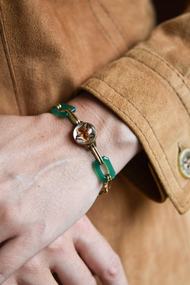 Art Deco Hunting Unisex Bracelet | Reverse Crystal Intaglios with Green Enamel Links c.1920s–1930s