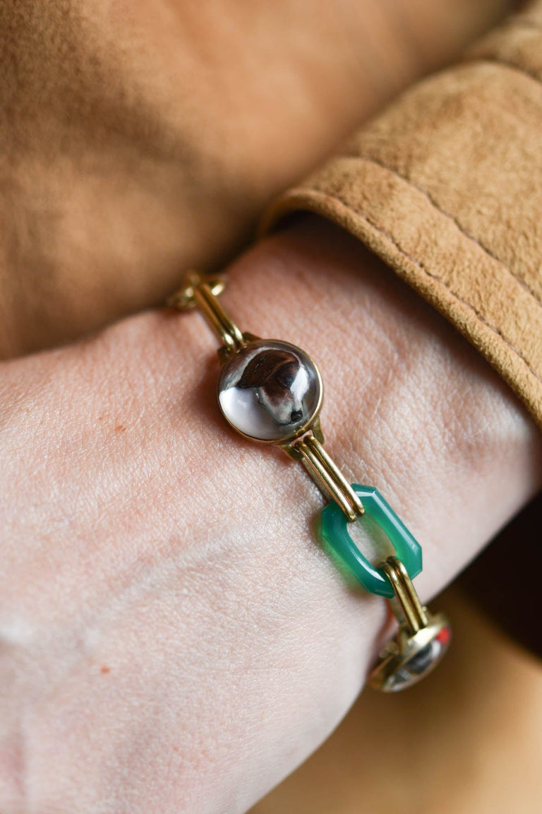 Art Deco Hunting Unisex Bracelet | Reverse Crystal Intaglios with Green Enamel Links c.1920s–1930s