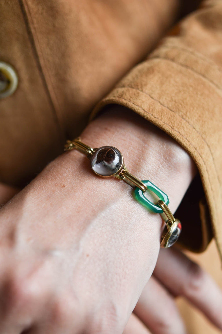 Art Deco Hunting Unisex Bracelet | Reverse Crystal Intaglios with Green Enamel Links c.1920s–1930s