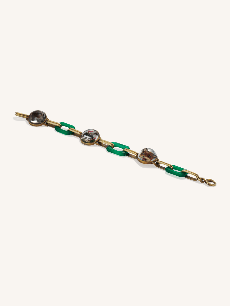Art Deco Hunting Unisex Bracelet | Reverse Crystal Intaglios with Green Enamel Links c.1920s–1930s