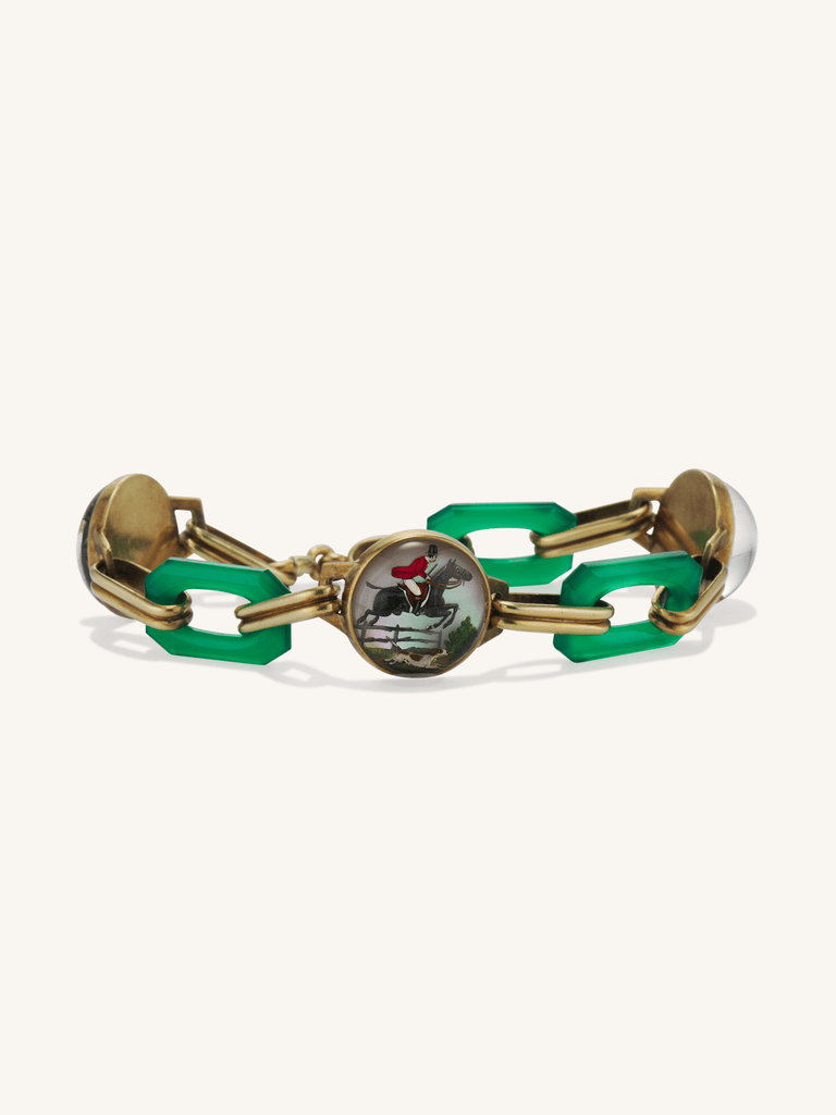 Art Deco Hunting Unisex Bracelet | Reverse Crystal Intaglios with Green Enamel Links c.1920s–1930s