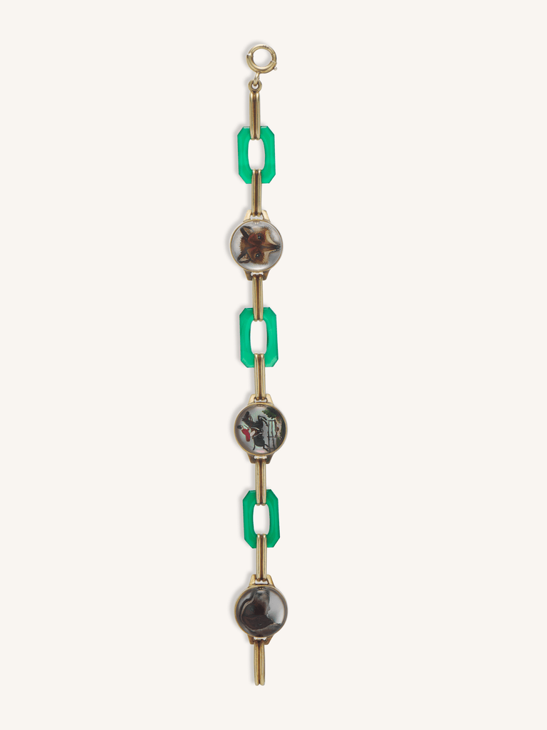 Art Deco Hunting Unisex Bracelet | Reverse Crystal Intaglios with Green Enamel Links c.1920s–1930s