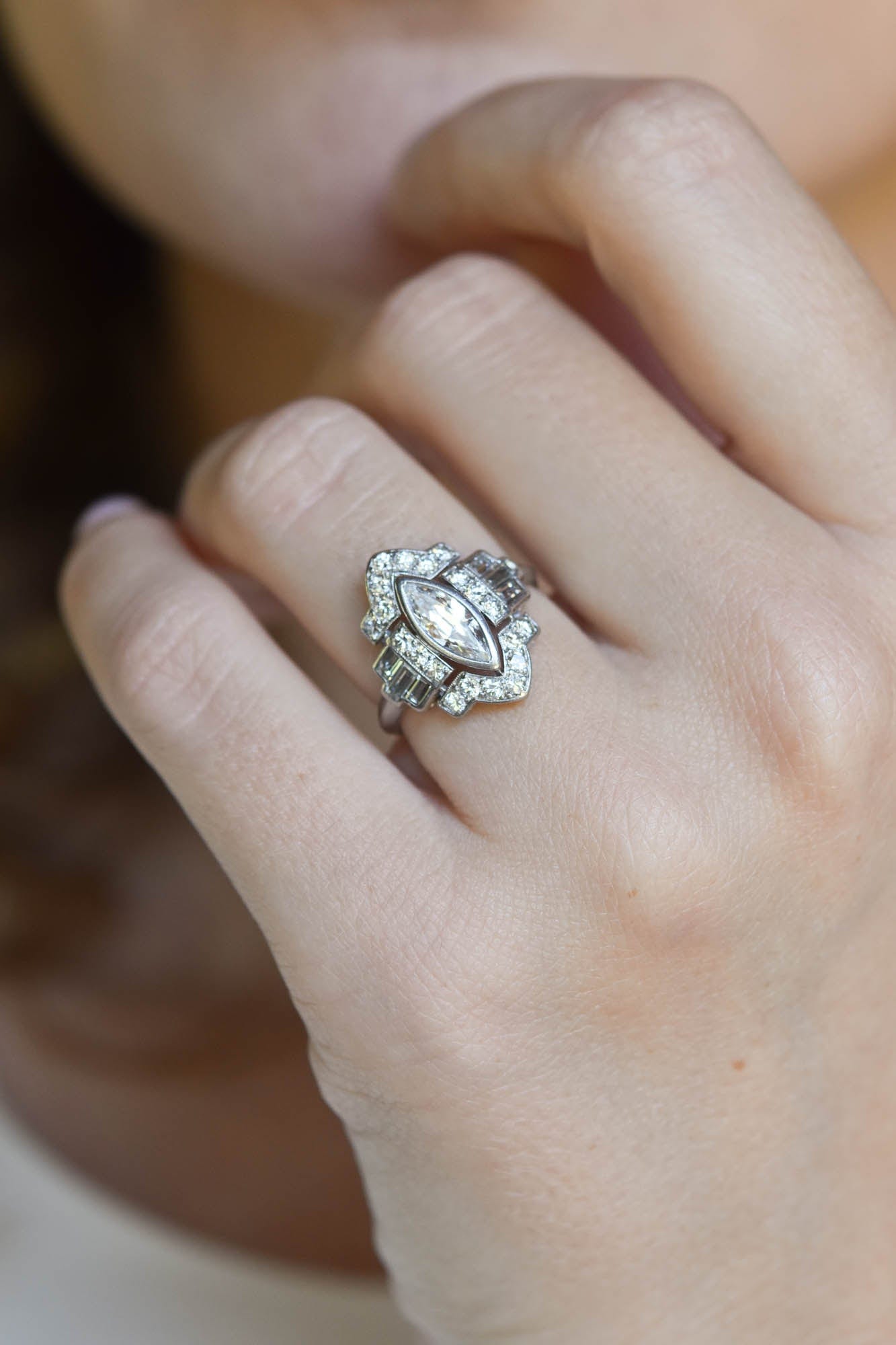 Art Deco Marquise Cut Diamond Vintage Engagement Ring – Erstwhile