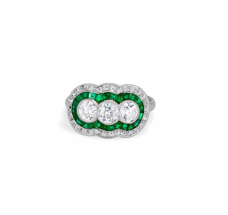 Art Deco Old European-Cut Diamond and Emerald Three Stone Ring, France