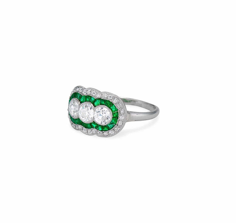 Art Deco Old European-Cut Diamond and Emerald Three Stone Ring, France