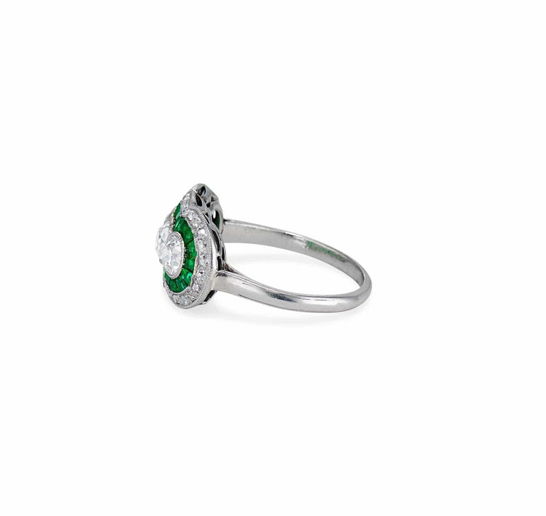 Art Deco Old European-Cut Diamond and Emerald Three Stone Ring, France