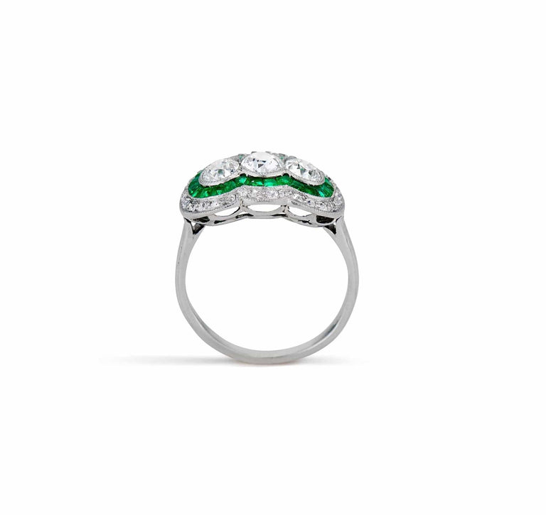 Art Deco Old European-Cut Diamond and Emerald Three Stone Ring, France