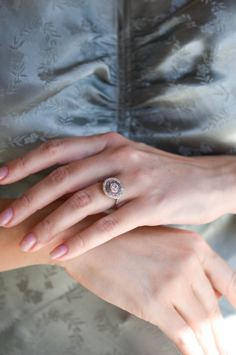 Art Deco Old European Cut Diamond Greek Key Halo Vintage Engagement Ring, France