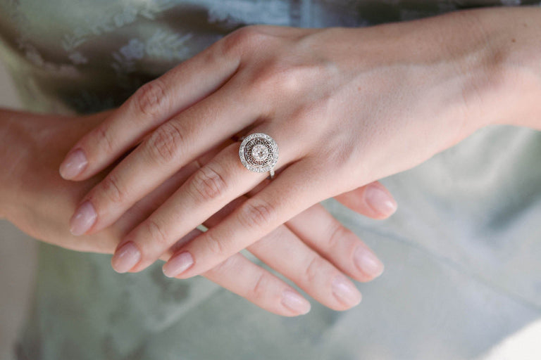 Art Deco Old European Cut Diamond Greek Key Halo Vintage Engagement Ring, France