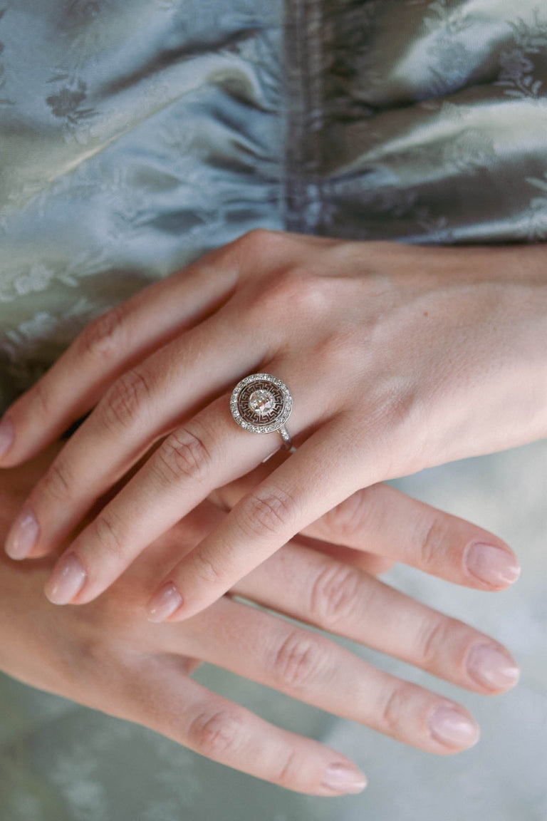 Art Deco Old European Cut Diamond Greek Key Halo Vintage Engagement Ring, France