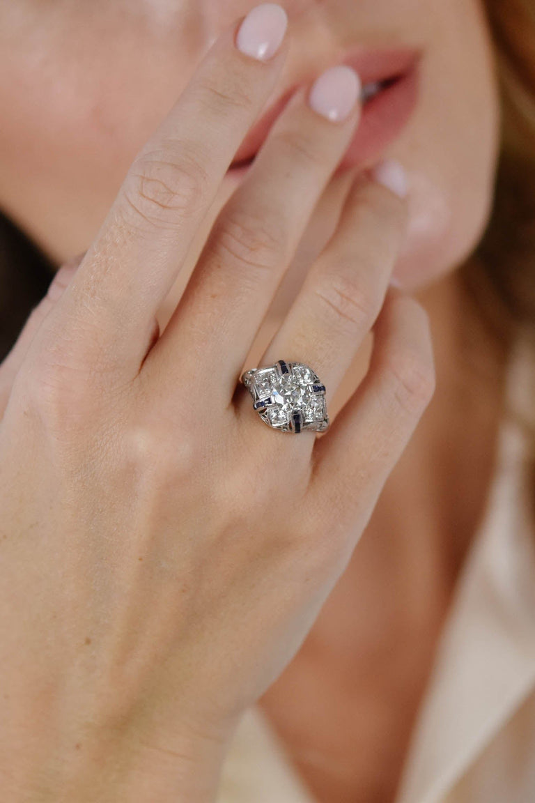 Art Deco 1.25 Carat Old European Cut Diamond and Sapphire Bombé Vintage Engagement Ring