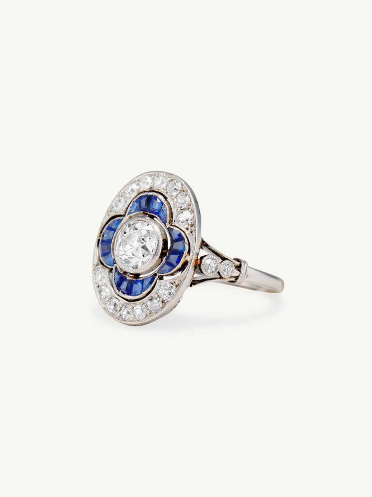 Art Deco Old European Cut Diamond & Sapphire Ring, France