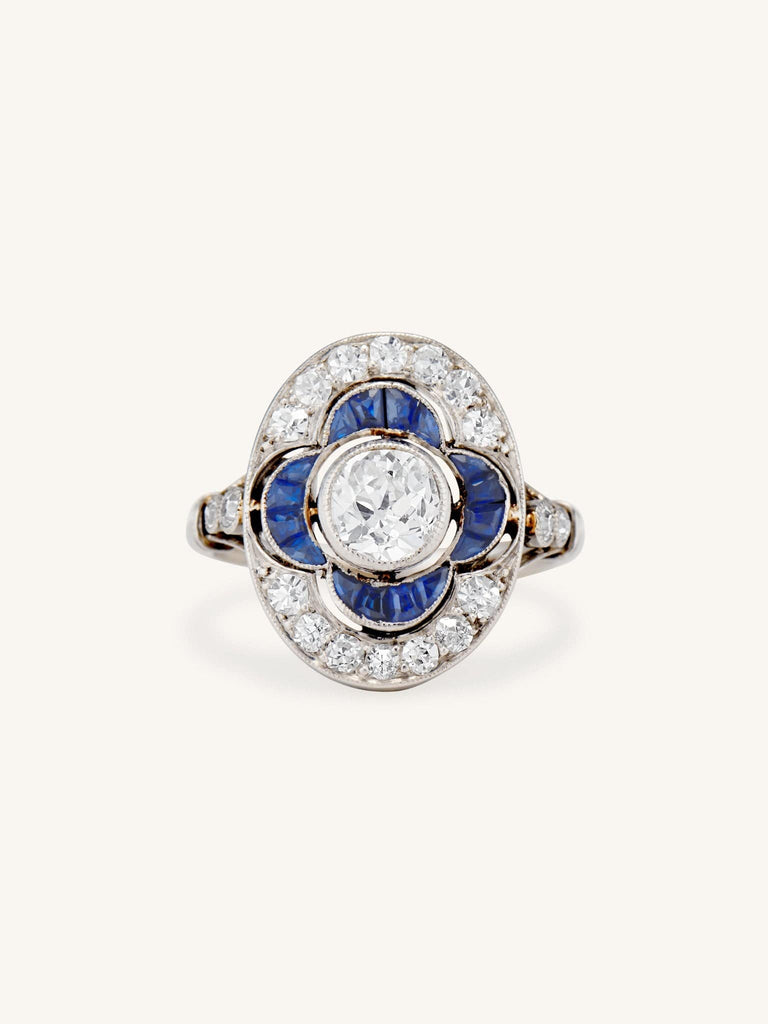 Art Deco Old European Cut Diamond & Sapphire Ring, France