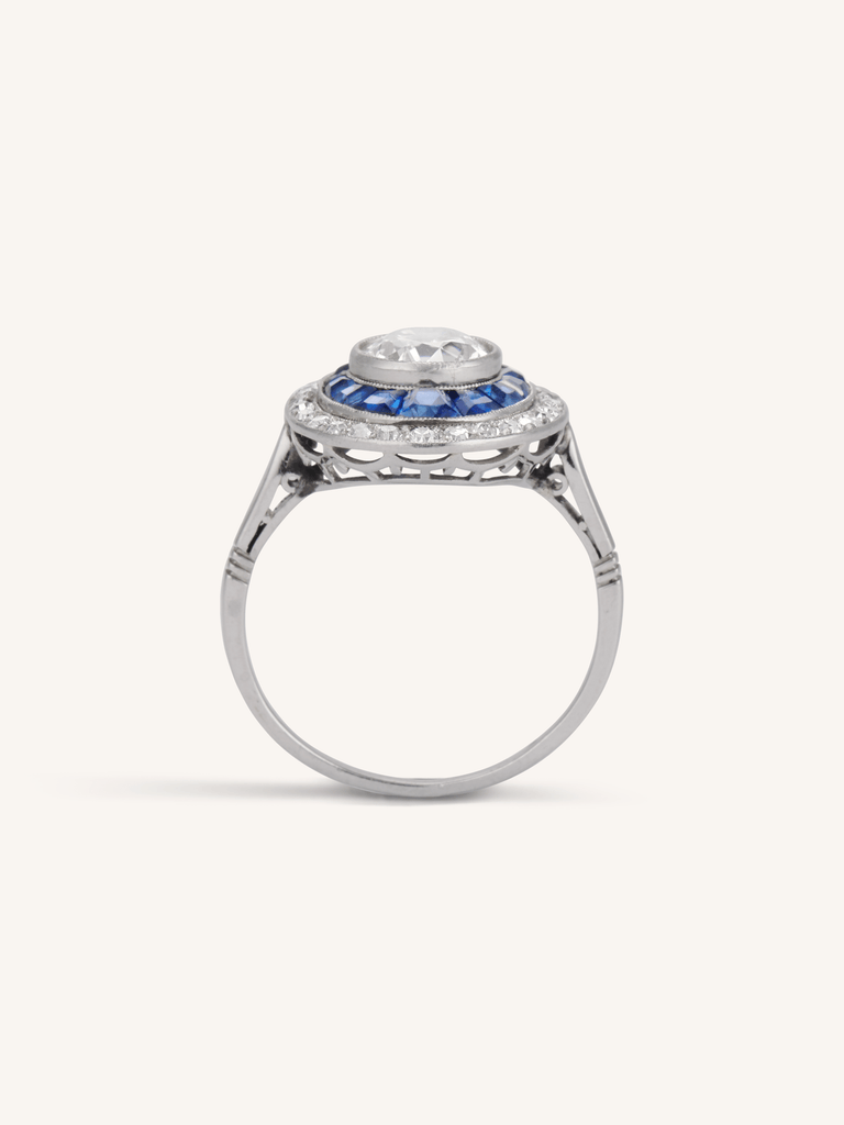 Art Deco 1.19 Carat Old European Cut Diamond & Sapphire Antique Target Ring