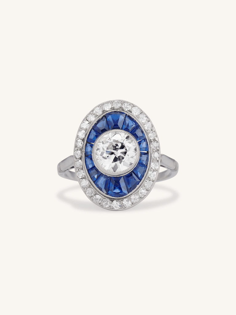 Art Deco 1.19 Carat Old European Cut Diamond & Sapphire Antique Target Ring
