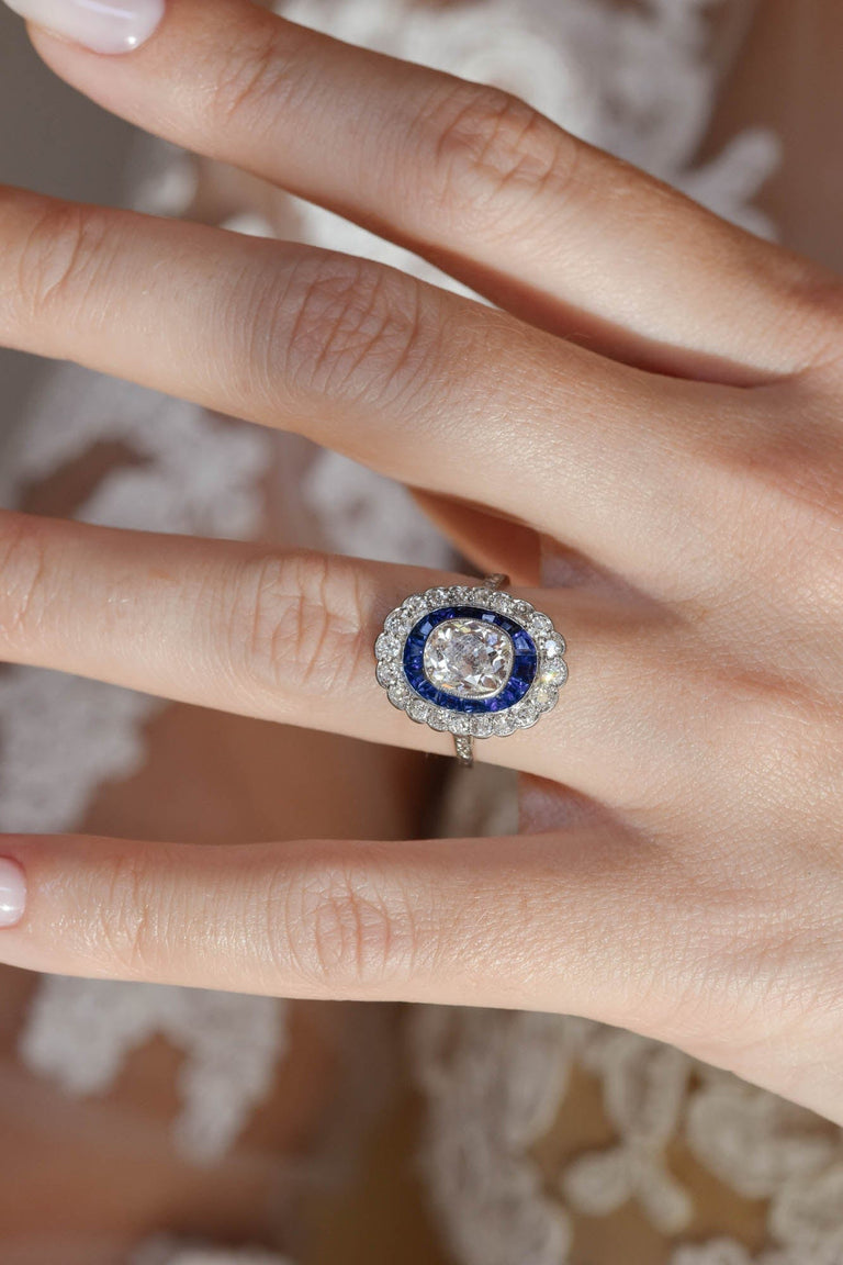 Art Deco Old Mine Cushion Cut Diamond & Sapphire Vintage Engagement Ring