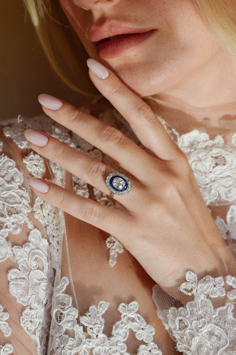 Art Deco Old Mine Cushion Cut Diamond & Sapphire Vintage Engagement Ring