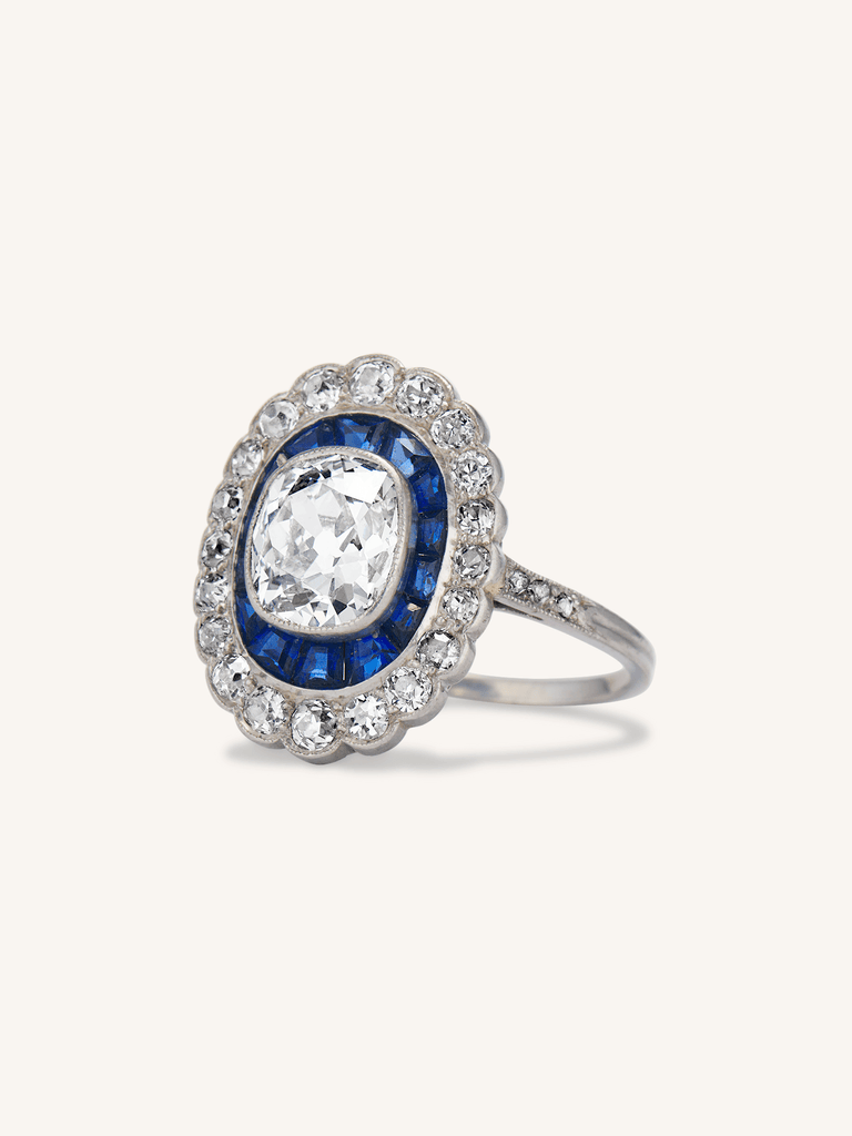 Art Deco Old Mine Cushion Cut Diamond & Sapphire Vintage Engagement Ring
