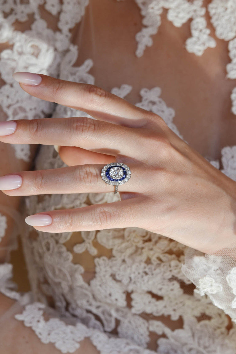 Art Deco Old Mine Cushion Cut Diamond & Sapphire Vintage Engagement Ring