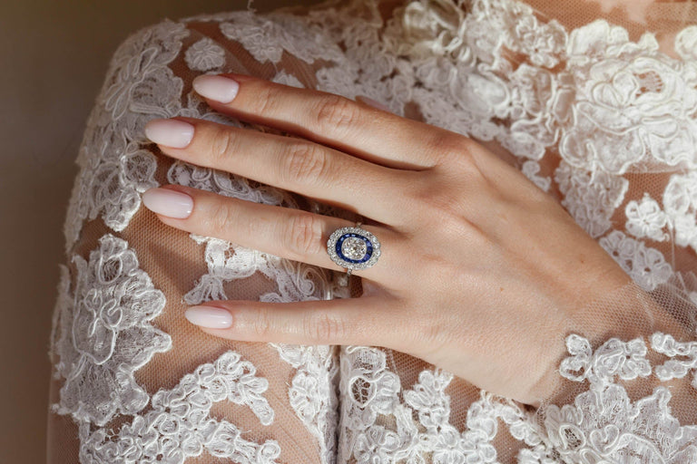 Art Deco Old Mine Cushion Cut Diamond & Sapphire Vintage Engagement Ring