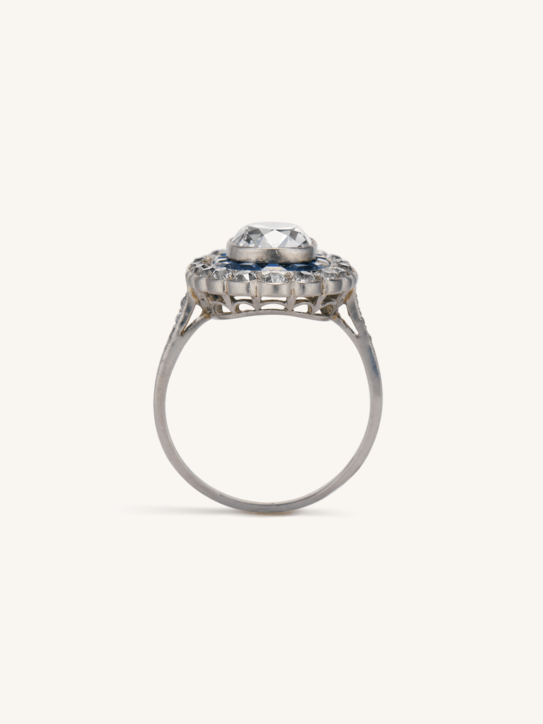 Art Deco Old Mine Cushion Cut Diamond & Sapphire Vintage Engagement Ring