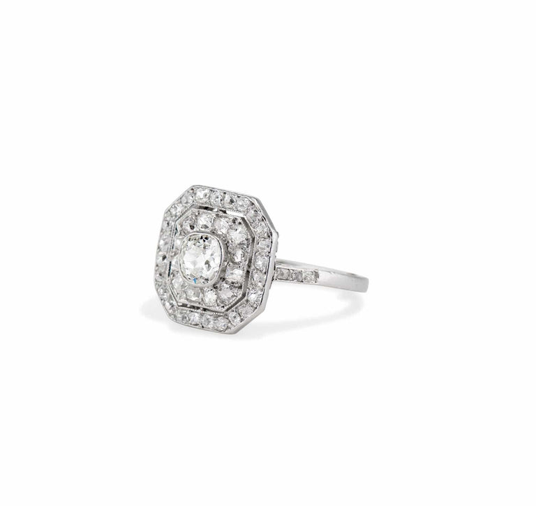Art Deco Old Mine Cushion Diamond and Platinum Octagonal Diamond Engagement Ring, French