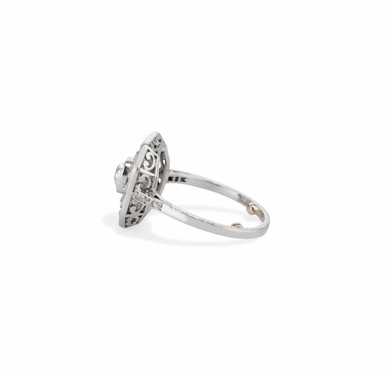 Art Deco Old Mine Cushion Diamond and Platinum Octagonal Diamond Engagement Ring, French