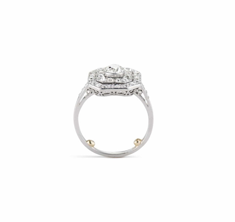 Art Deco Old Mine Cushion Diamond and Platinum Octagonal Diamond Engagement Ring, French
