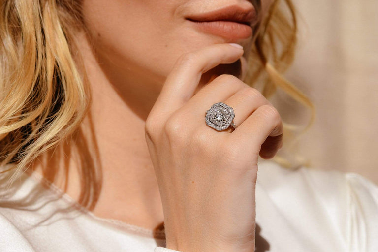 Art Deco Old Mine Cushion Diamond and Platinum Octagonal Diamond Engagement Ring, French
