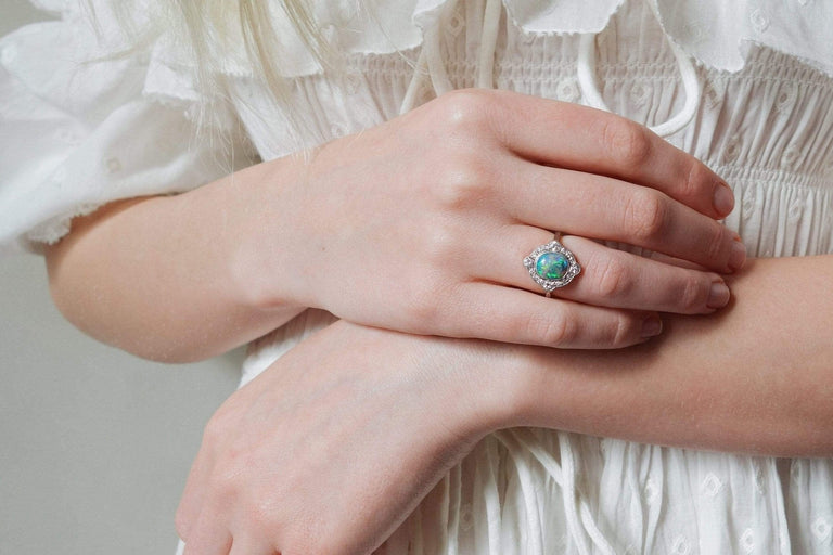 ART DECO OPAL AND DIAMOND ENGAGEMENT RING
