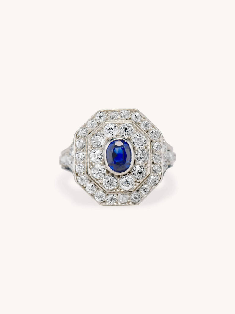 Art Deco Oval Cut Sapphire & Diamond Octagonal Dinner Ring