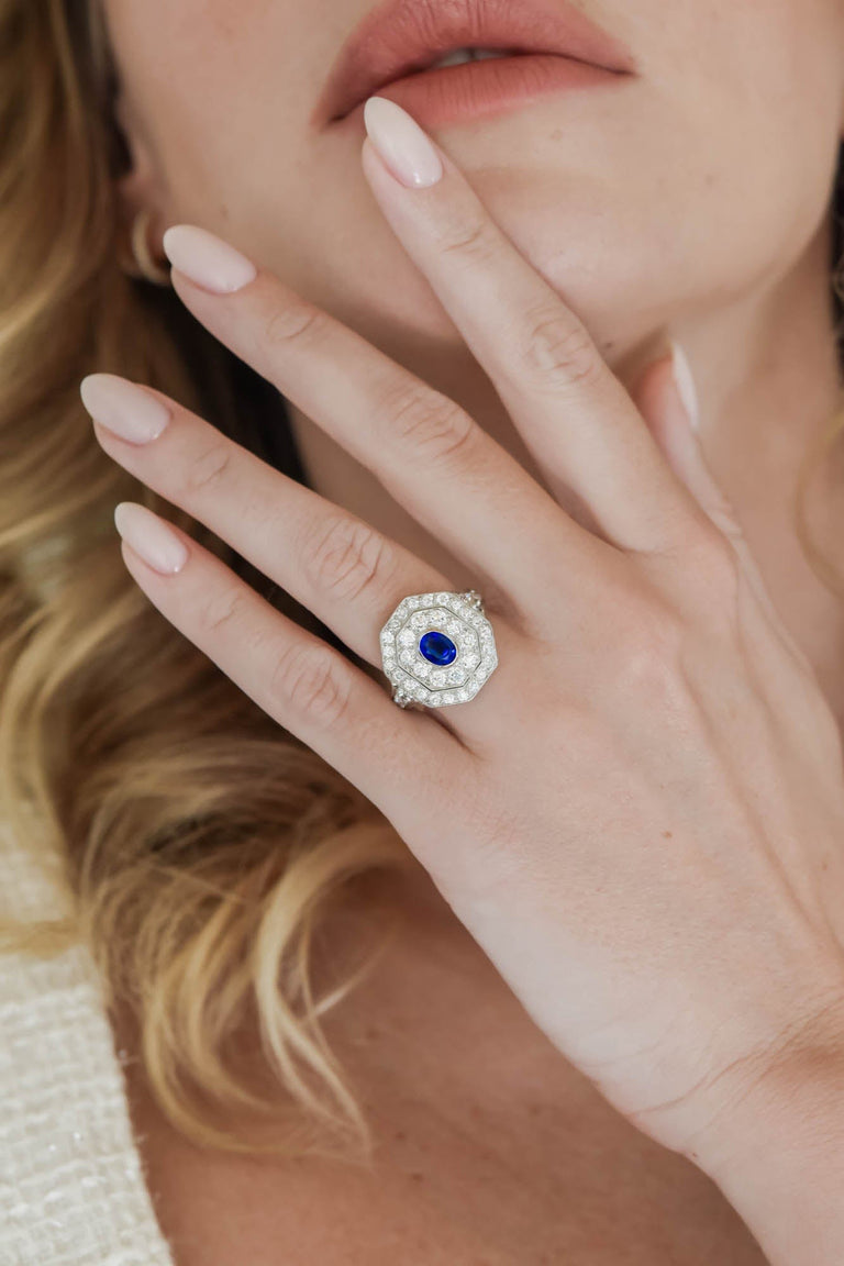 Art Deco Oval Cut Sapphire & Diamond Octagonal Dinner Ring