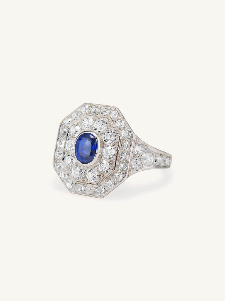 Art Deco Oval Cut Sapphire & Diamond Octagonal Dinner Ring