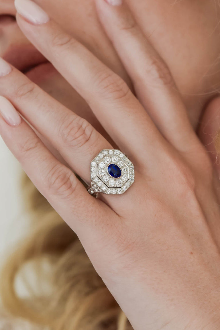 Art Deco Oval Cut Sapphire & Diamond Octagonal Dinner Ring