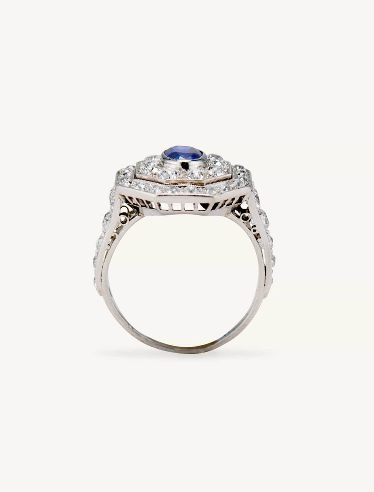 Art Deco Oval Cut Sapphire & Diamond Octagonal Dinner Ring
