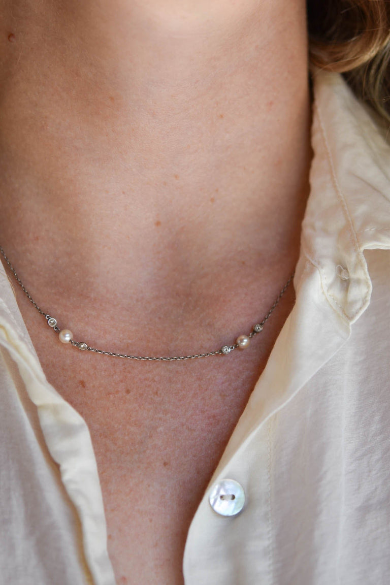 Art Deco Platinum Diamond & Pearl Necklace c. 1920