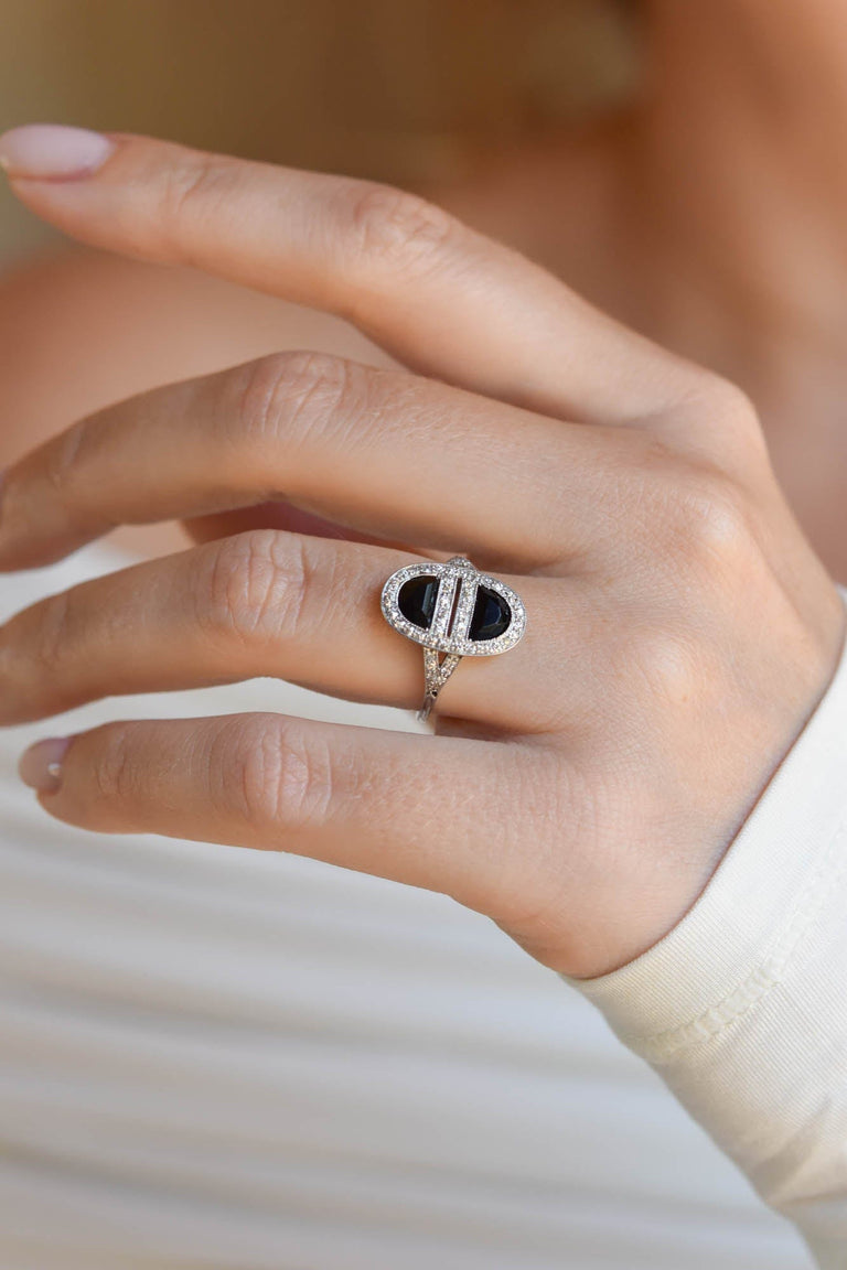 Art Deco J.E. Caldwell Platinum Onyx & Diamond Ring