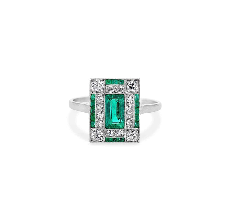 Art Deco Rectangular Cut Emerald & Diamond Ring