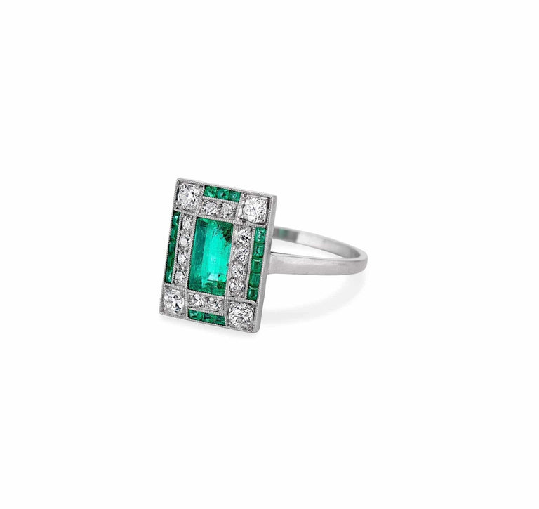 Art Deco Rectangular Cut Emerald & Diamond Ring