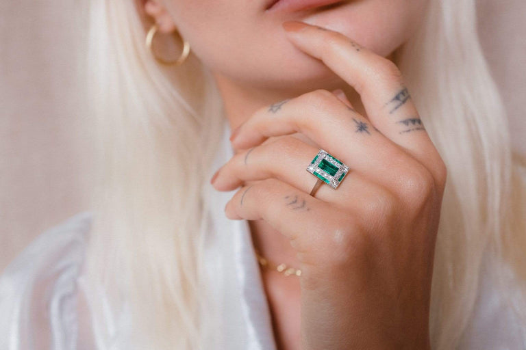 Art Deco Rectangular Cut Emerald & Diamond Ring
