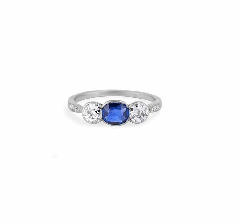 Art Deco Sapphire and Diamond Three Stone Vintage Engagement Ring