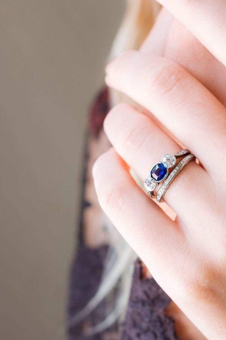 Art Deco Sapphire and Diamond Three Stone Vintage Engagement Ring