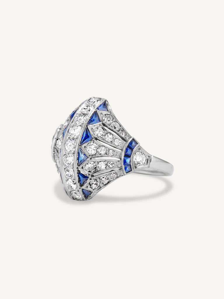 Art Deco Sapphire & Diamond Encrusted Egyptian Revival Dinner Ring